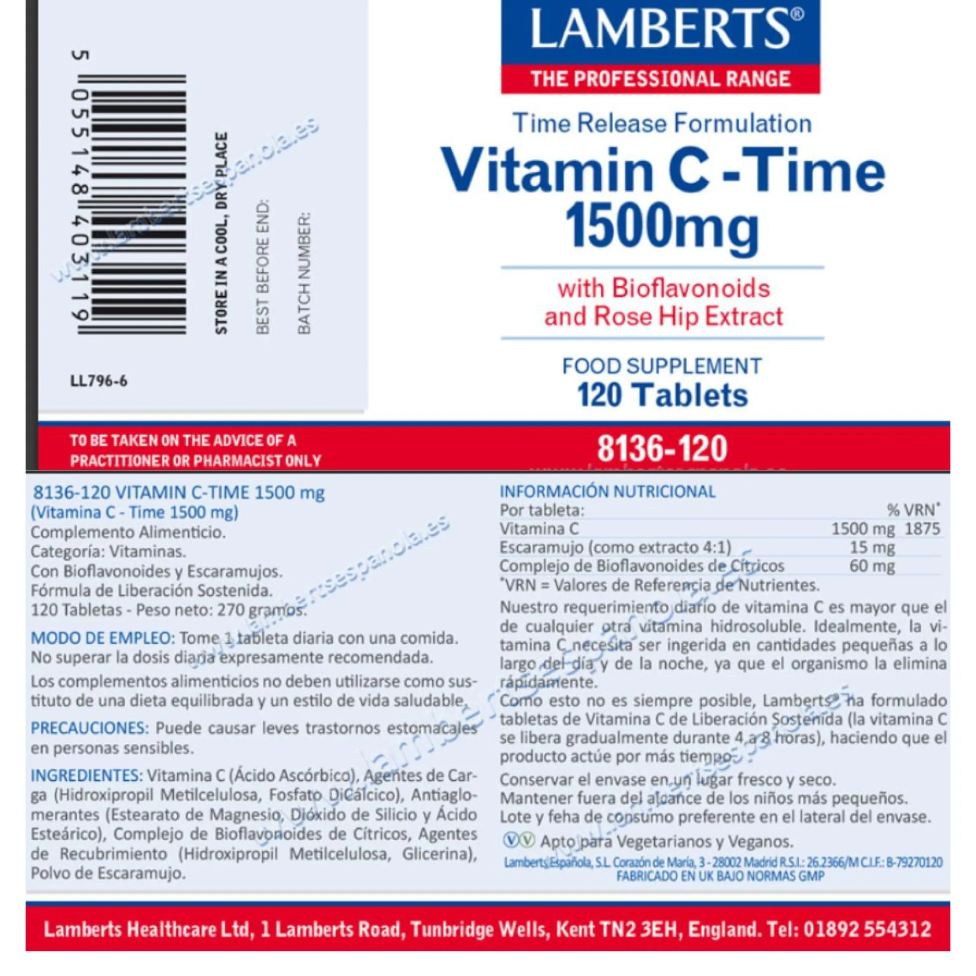 Vitamina C liberación sostenida 1500 mg Lamberts 120 tabletas