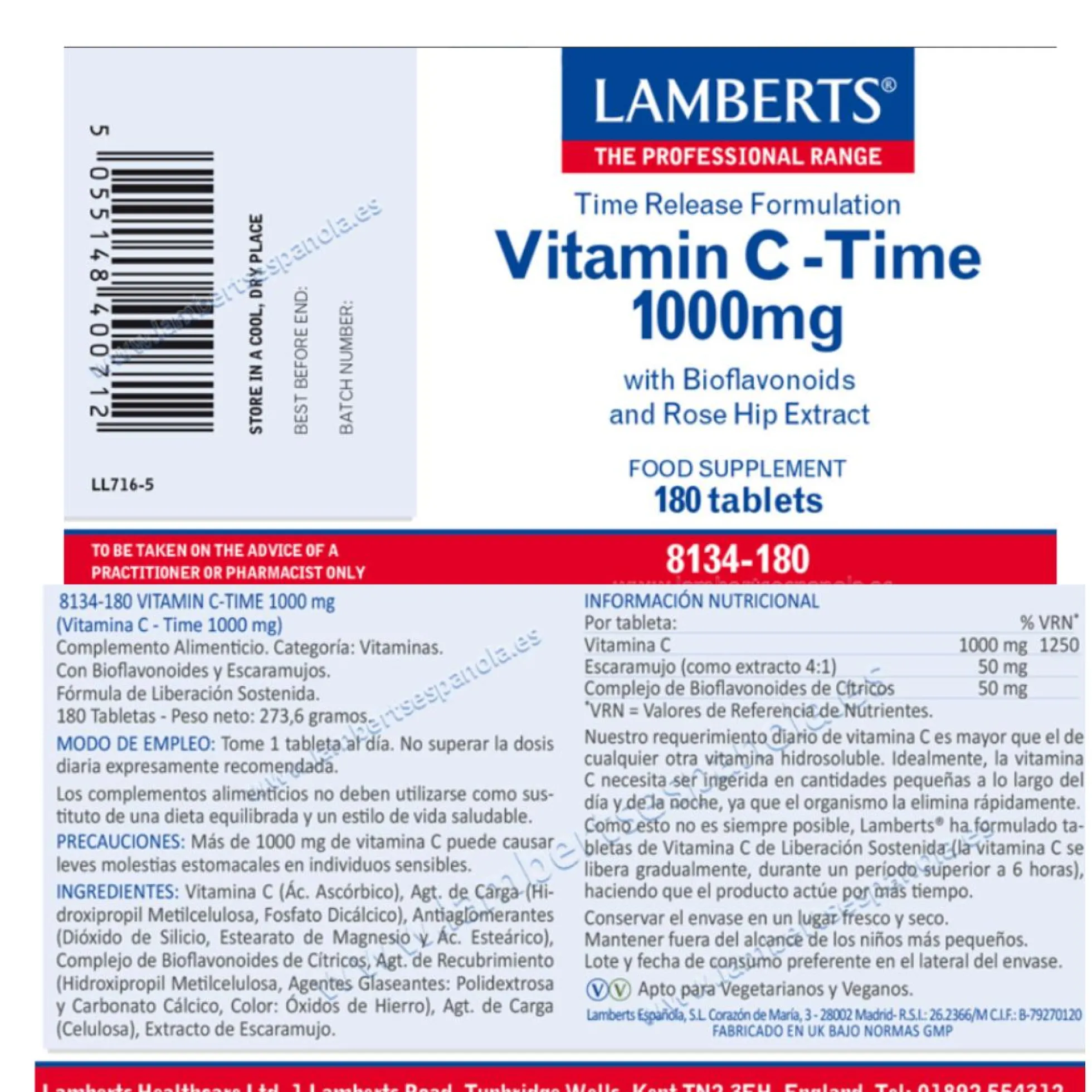 Vitamina C liberación sostenida 1000 mg Lamberts 180 tabletas
