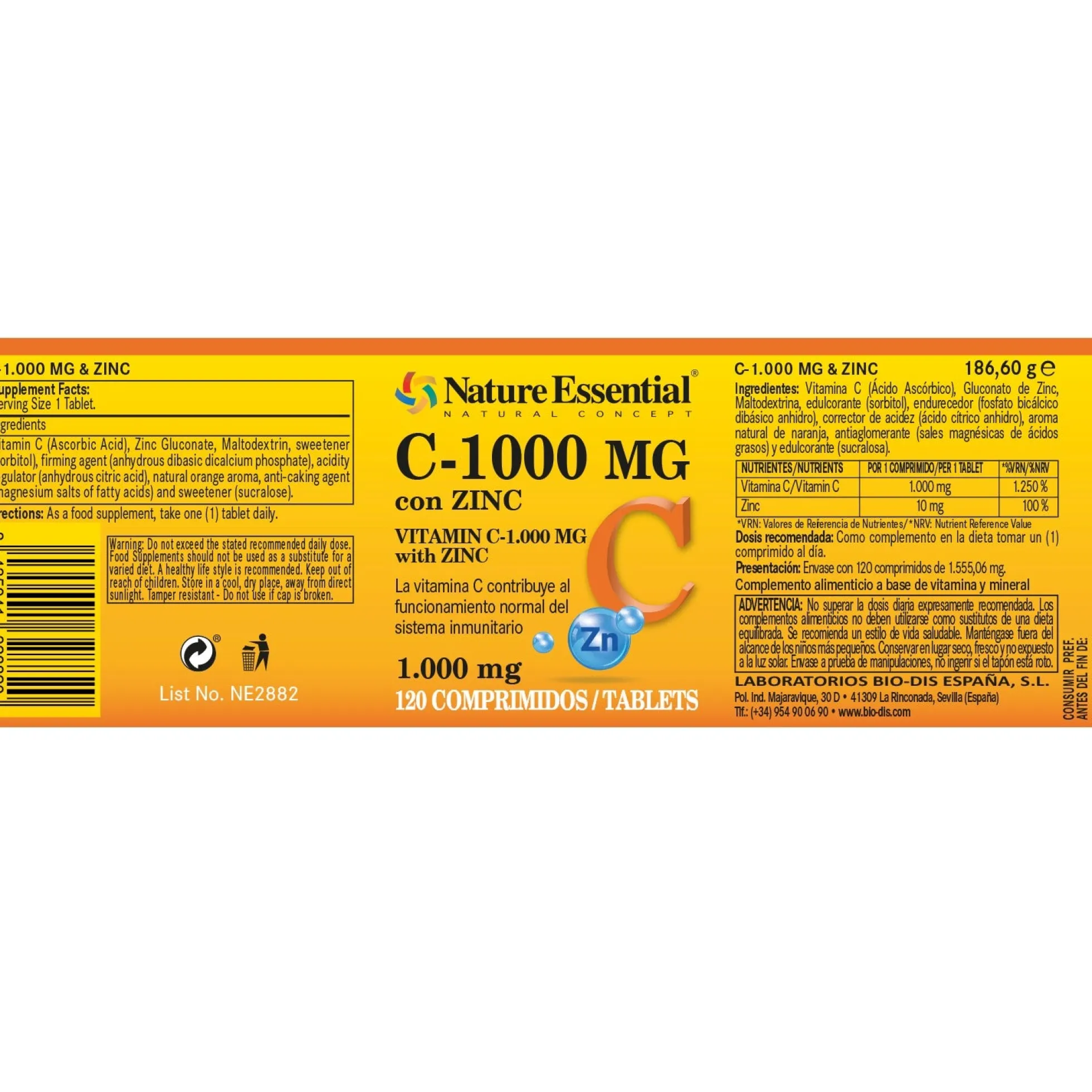 Vitamina C 1000 mg + Zinc 10 mg 120 Comprimidos