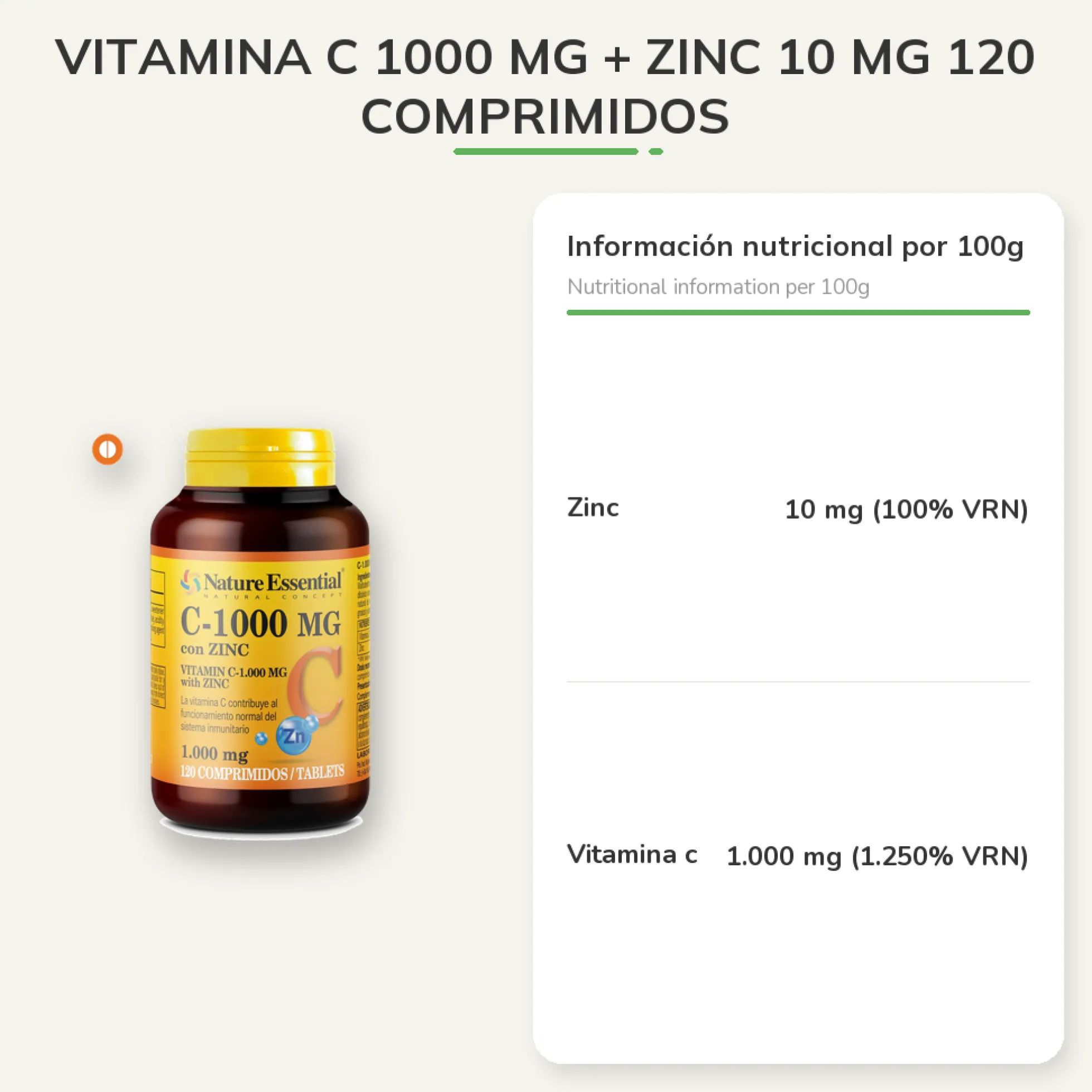 Vitamina C 1000 mg + Zinc 10 mg 120 Comprimidos