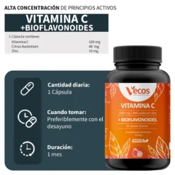 Vitamina C 1000 Mg + Zinc Vecos 30 Cápsulas | Defensas Y Sistema Inmune | Con Bioflavonoides