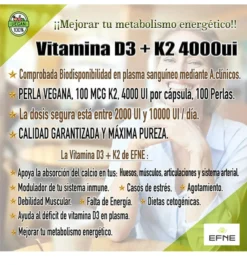 Vitamina D3 + K2 Efne 4000ui Con Mk-7 Natural ( Extracto De Natto ) (sistema Inmune Top, Apatía, Cansancio)