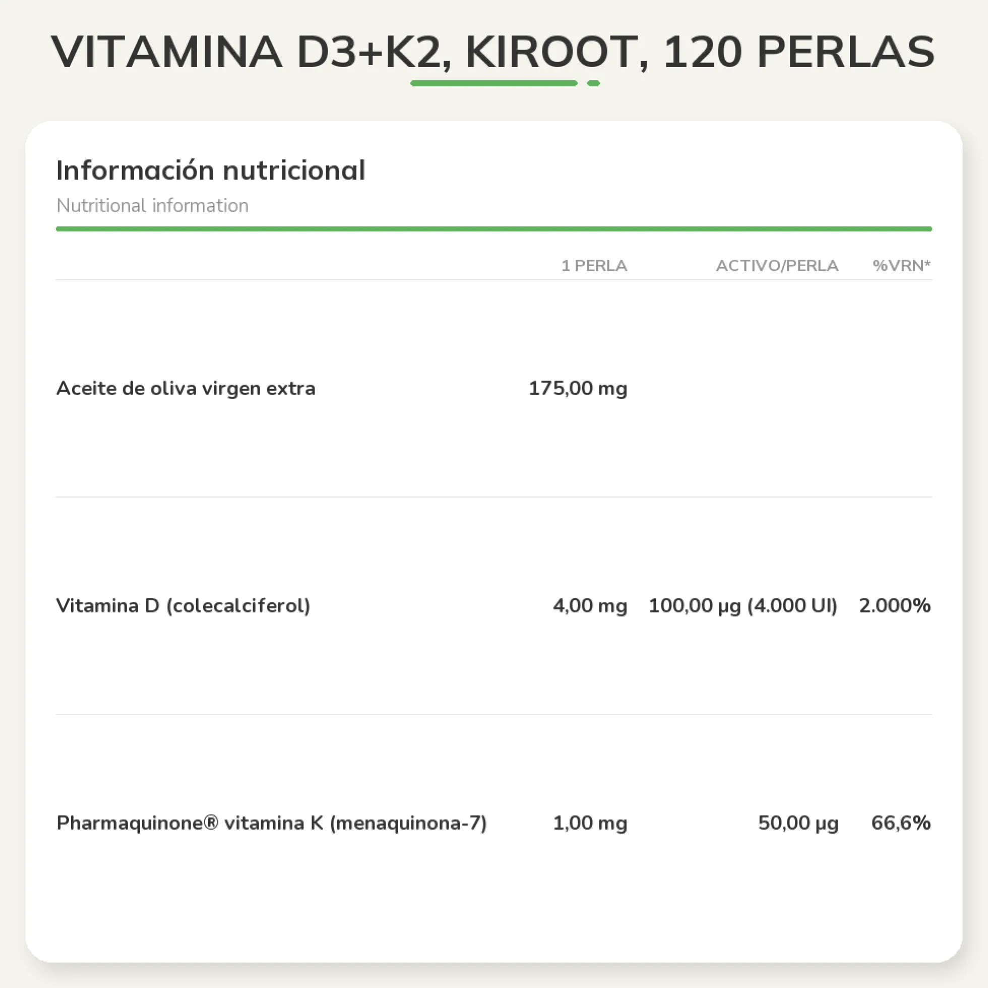 Vitamina D3+K2, Kiroot, 120 perlas