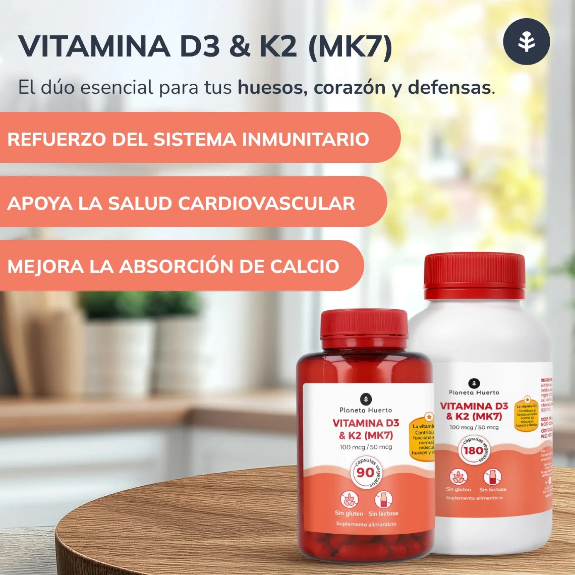 Vitamina D3 & K2 (Mk7) Planeta Huerto 90 Caps