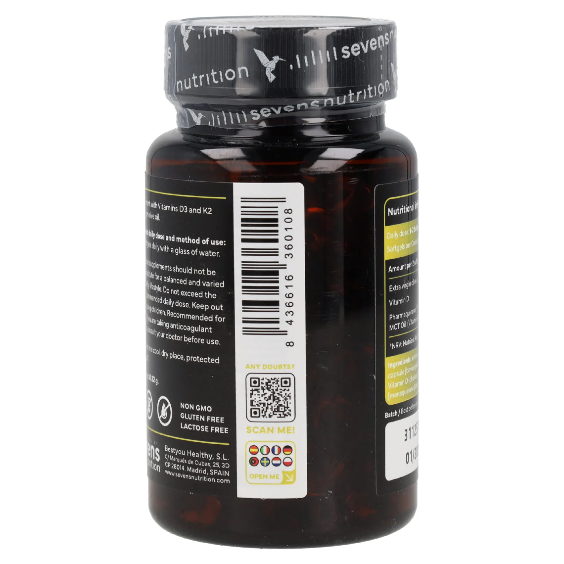 Vitamina D3 + K2 Sevens Nutrition 180 cápsulas