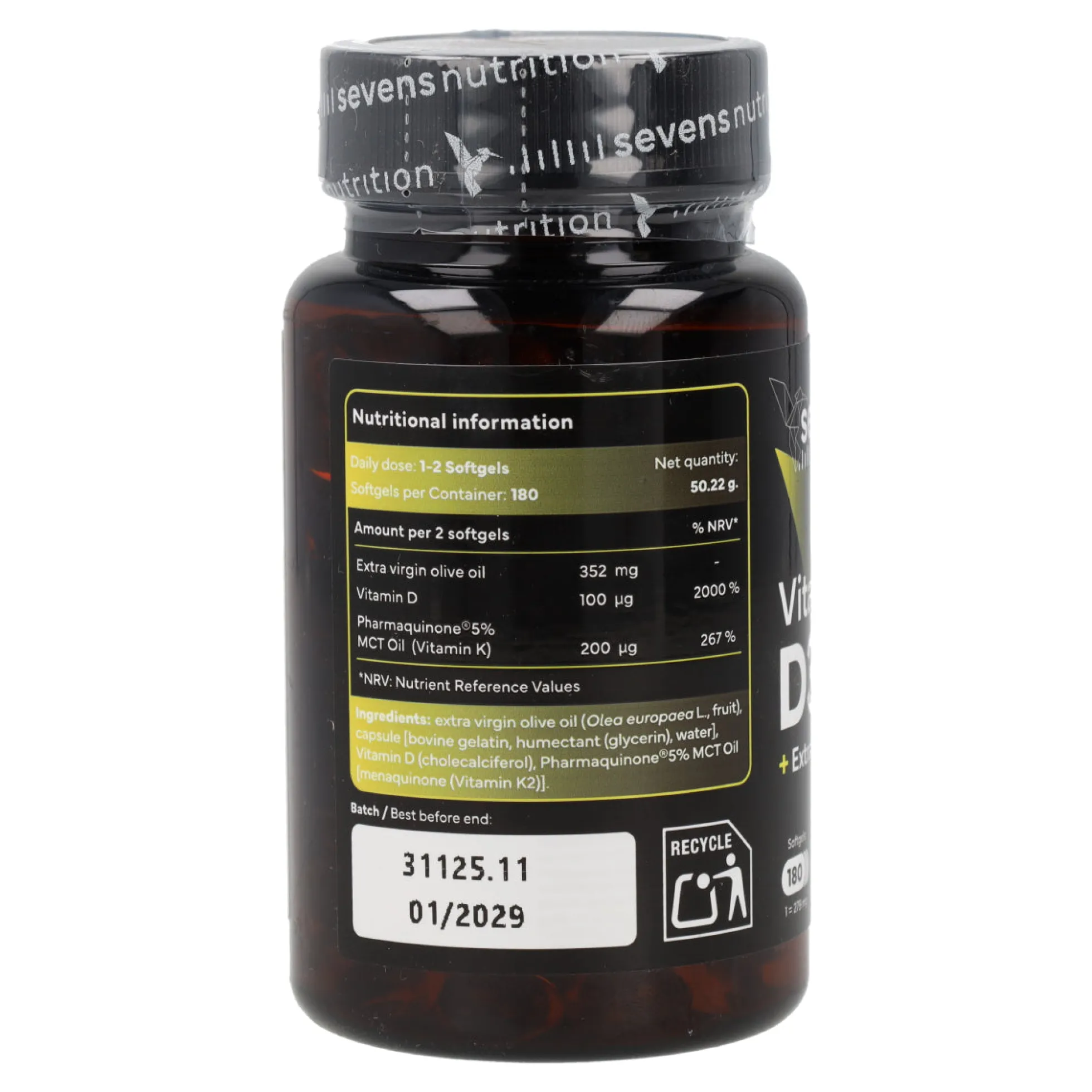 Vitamina D3 + K2 Sevens Nutrition 180 cápsulas