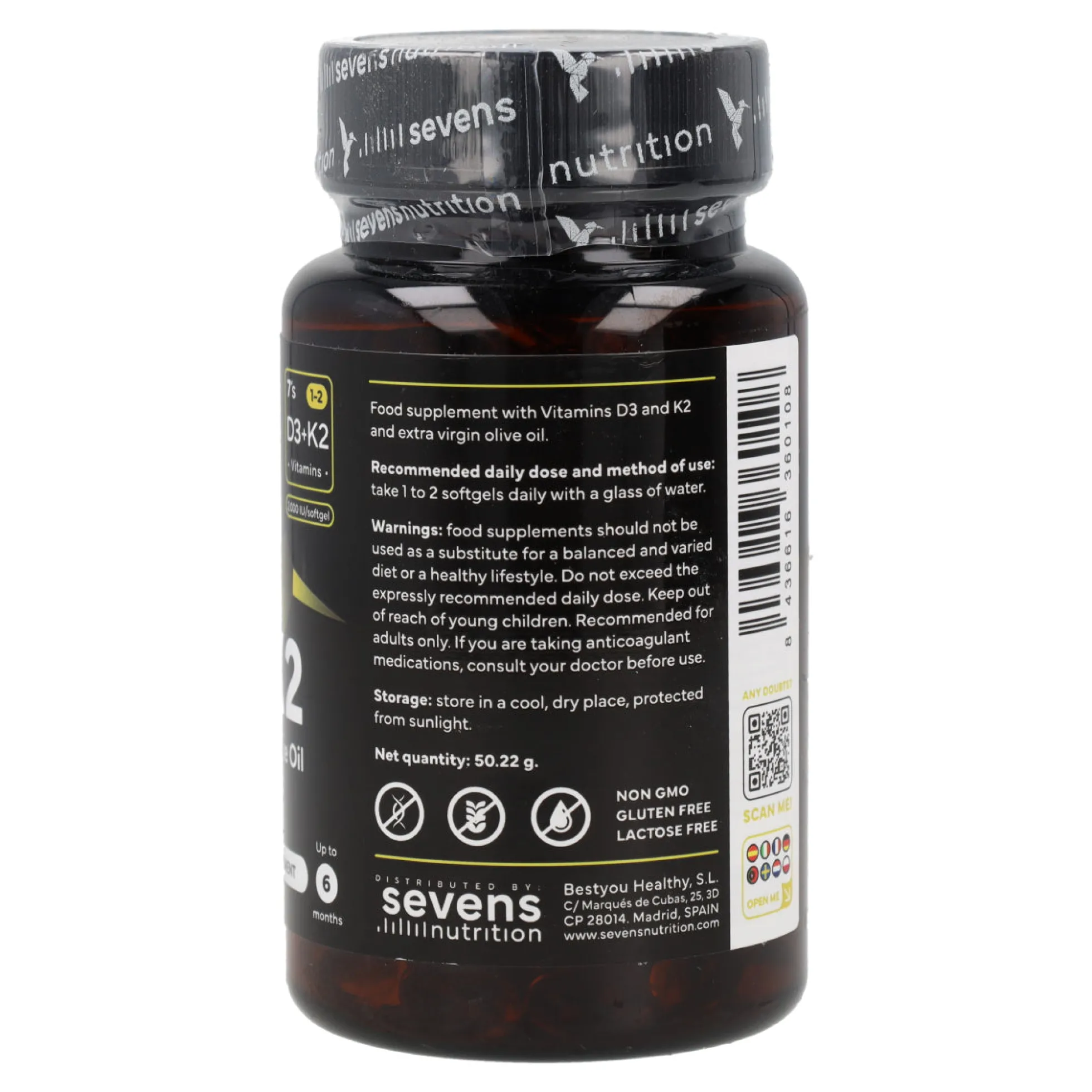Vitamina D3 + K2 Sevens Nutrition 180 cápsulas