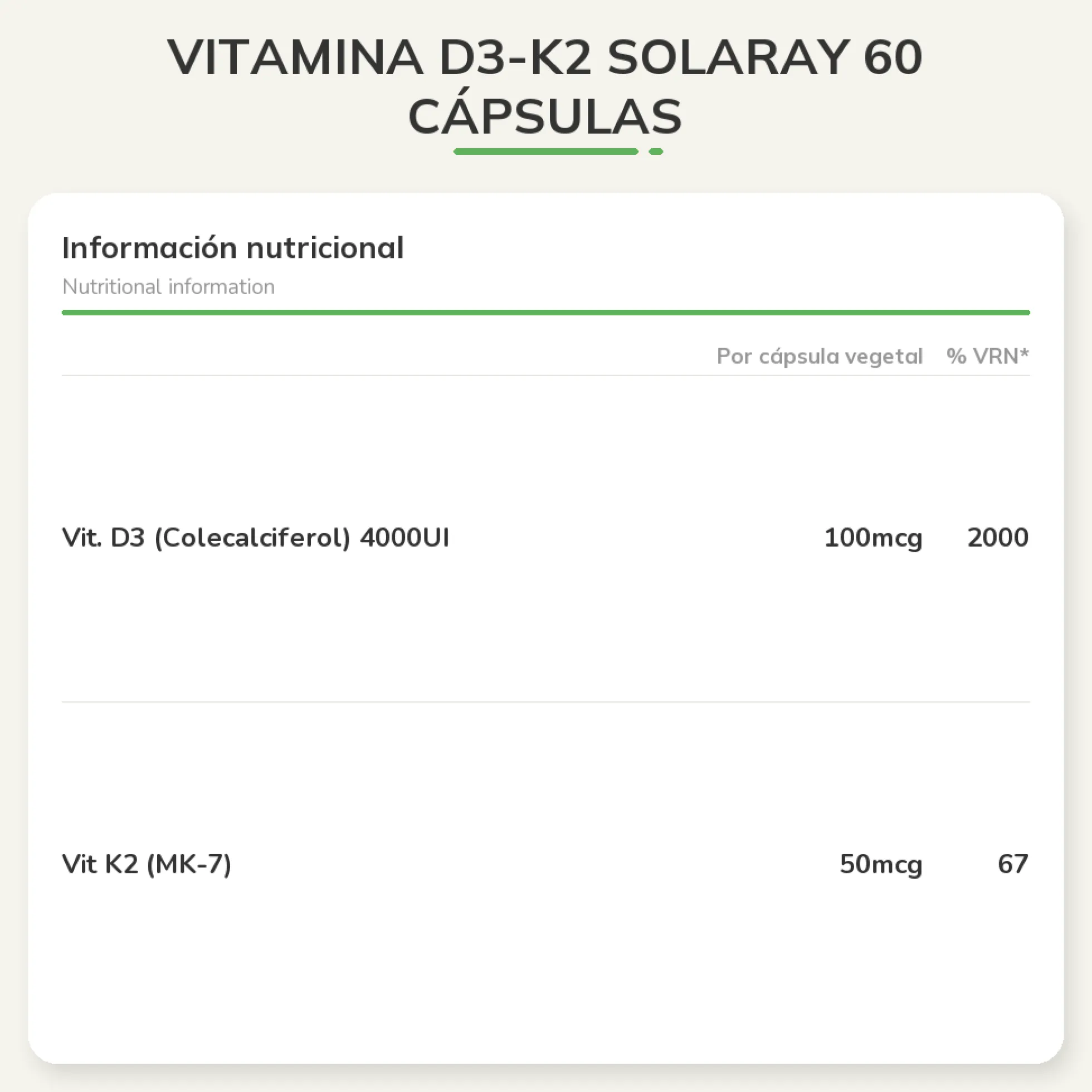 Vitamina D3-K2 Solaray 60 cápsulas