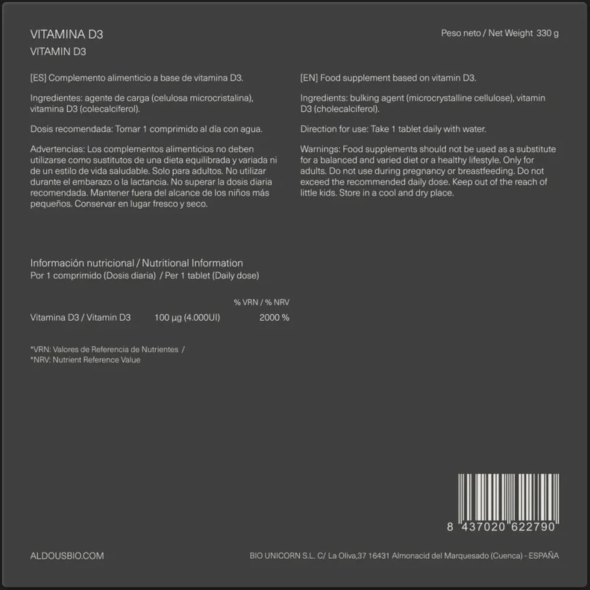Vitamina D3 4000 UI Aldous Bio 500 comprimidos