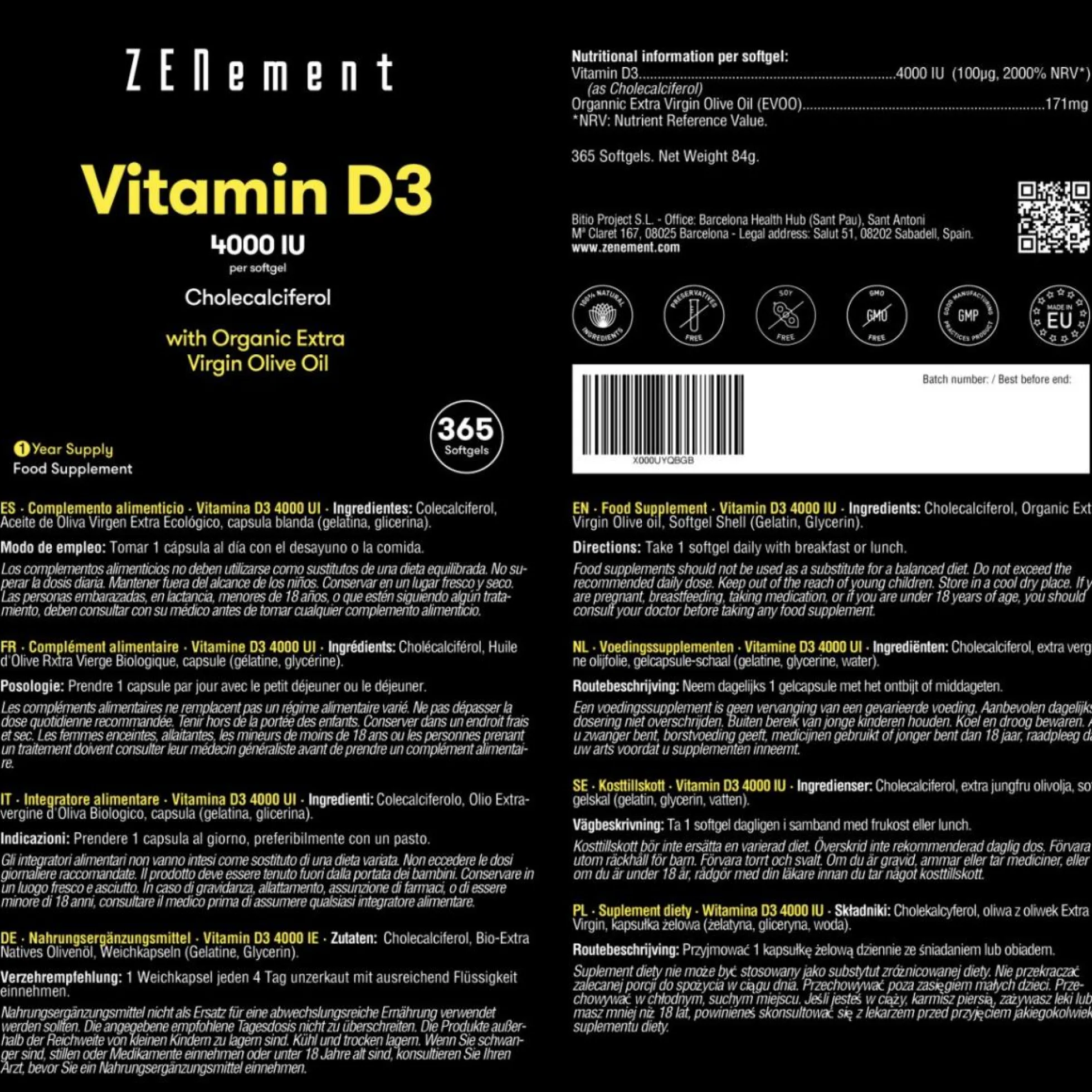 Vitamina D3 4000 UI Zenement, 365 comprimidos