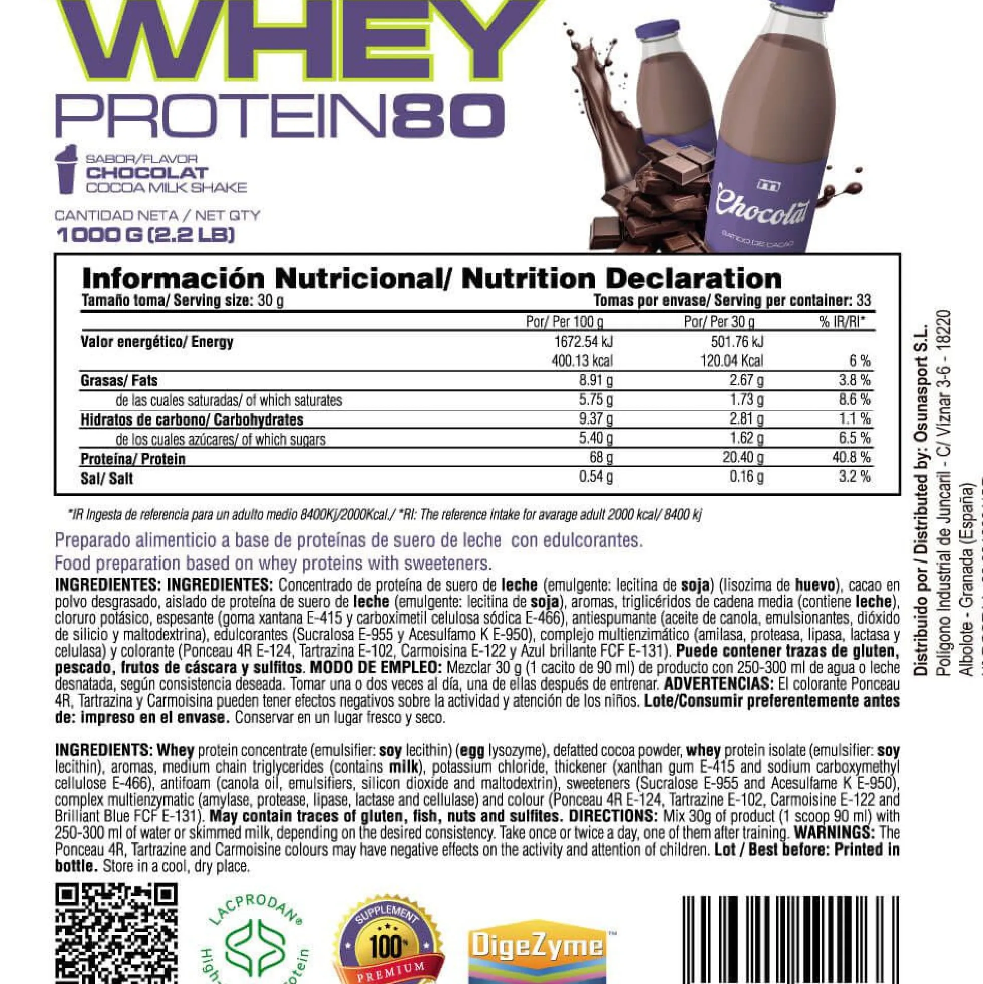 Whey Protein80 - 1kg - Batido Chocolat - Aumenta La Masa Muscular - Masmusculo