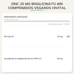 Zinc 25 mg Bisglicinato 400 comprimidos veganos Hivital