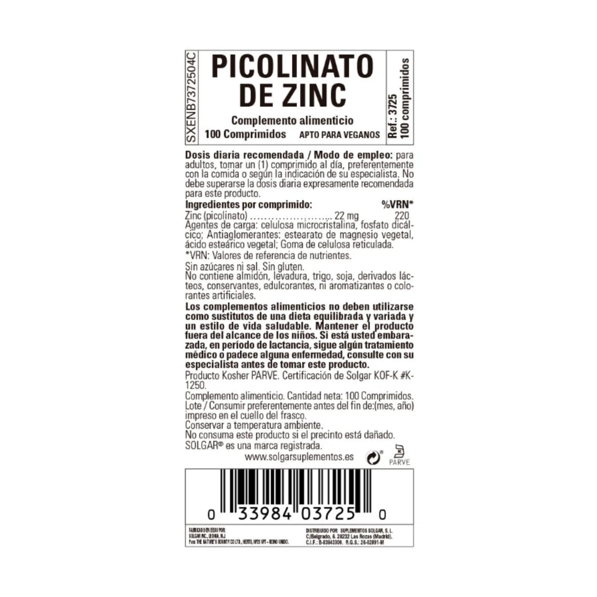 Zinc Picolinato Solgar 100 comprimidos de 22mg