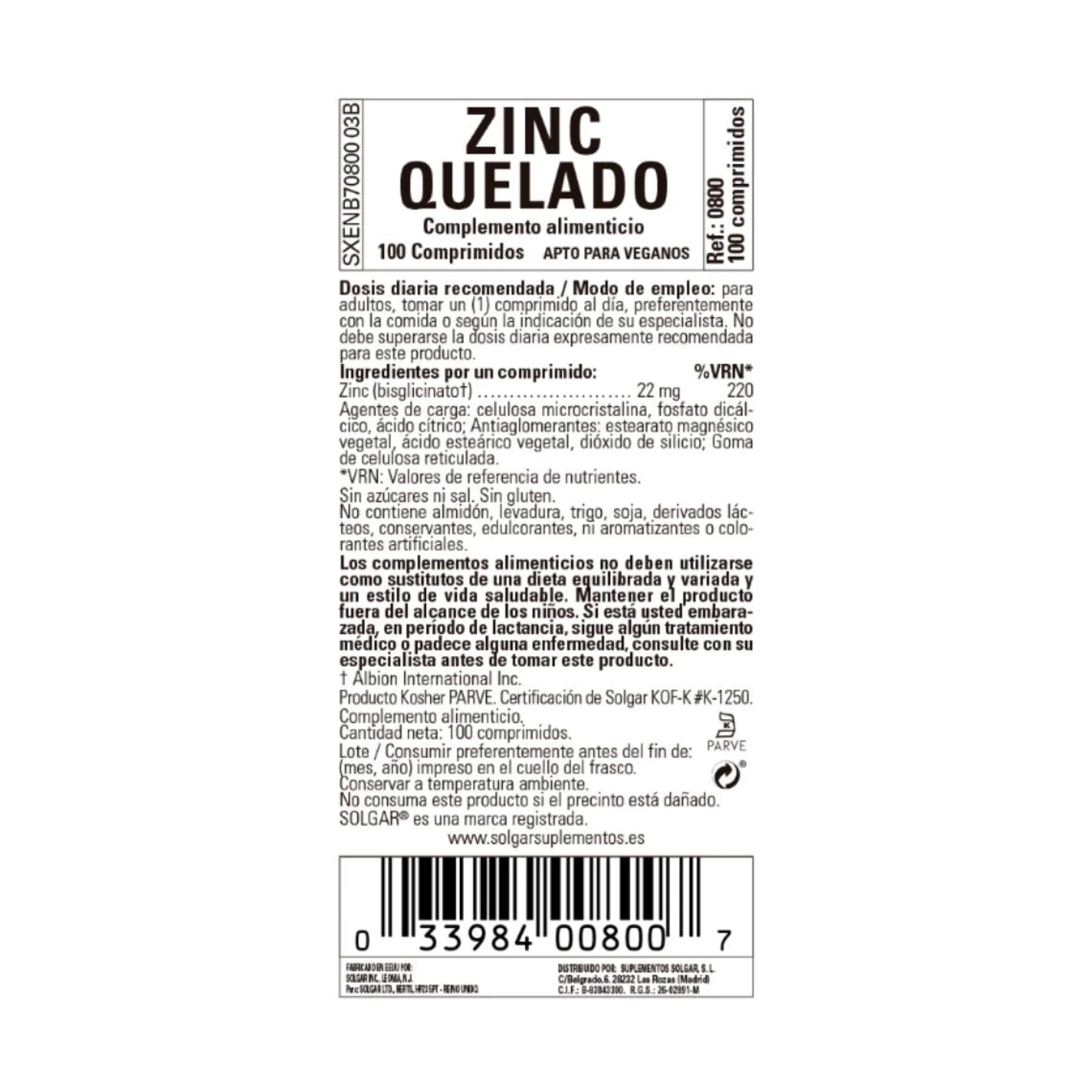 Zinc Quelado 100 comprimidos de 22mg Solgar