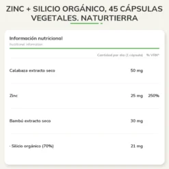Zinc + silicio orgánico, 45 cápsulas vegetales. NaturTierra