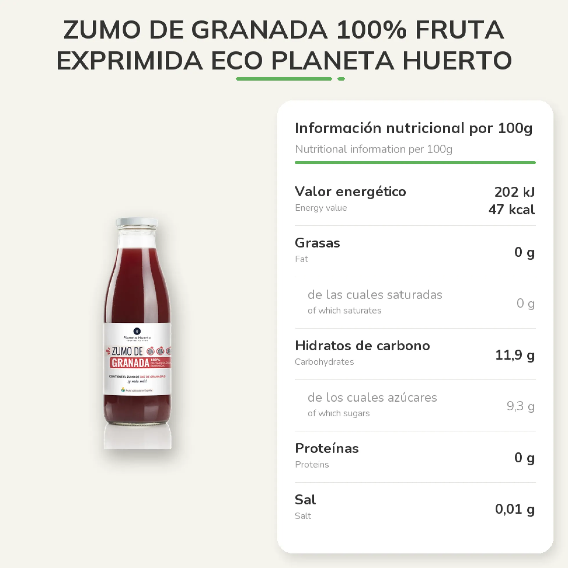 Zumo de Granada 100% fruta exprimida Eco Planeta Huerto 750ml