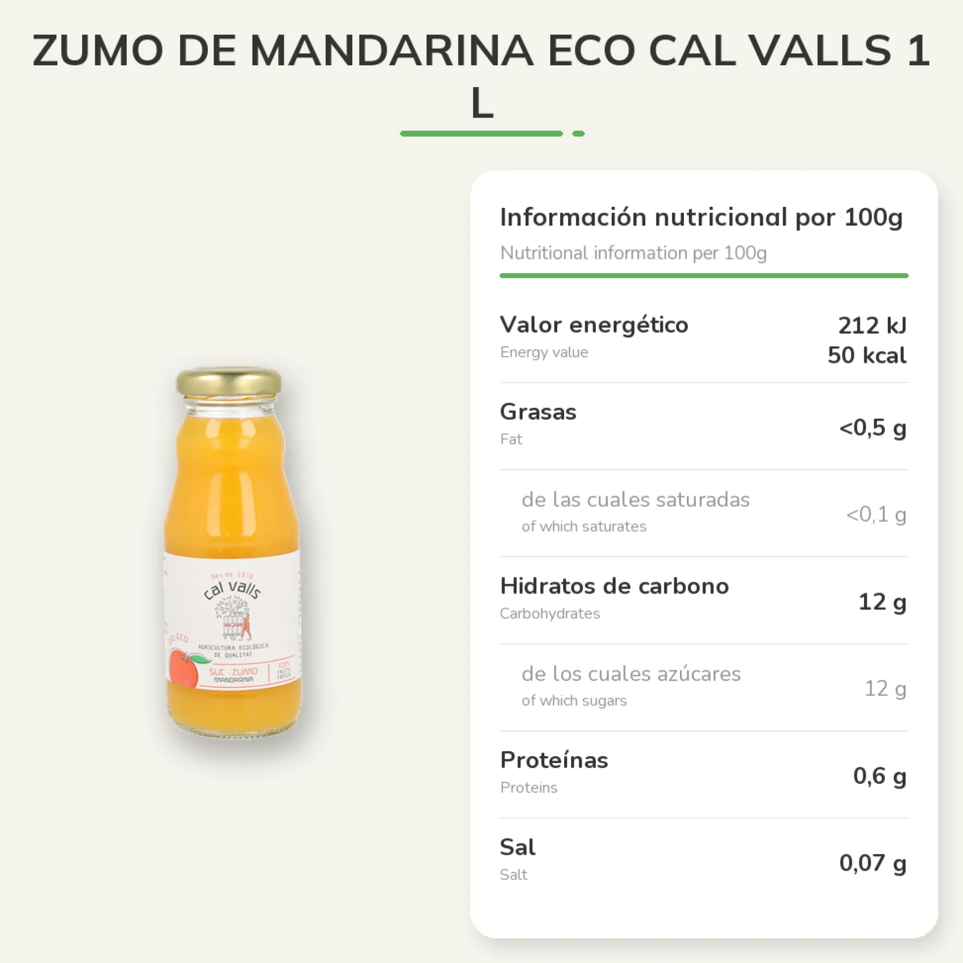 Zumo de Mandarina ECO Cal Valls 1 L