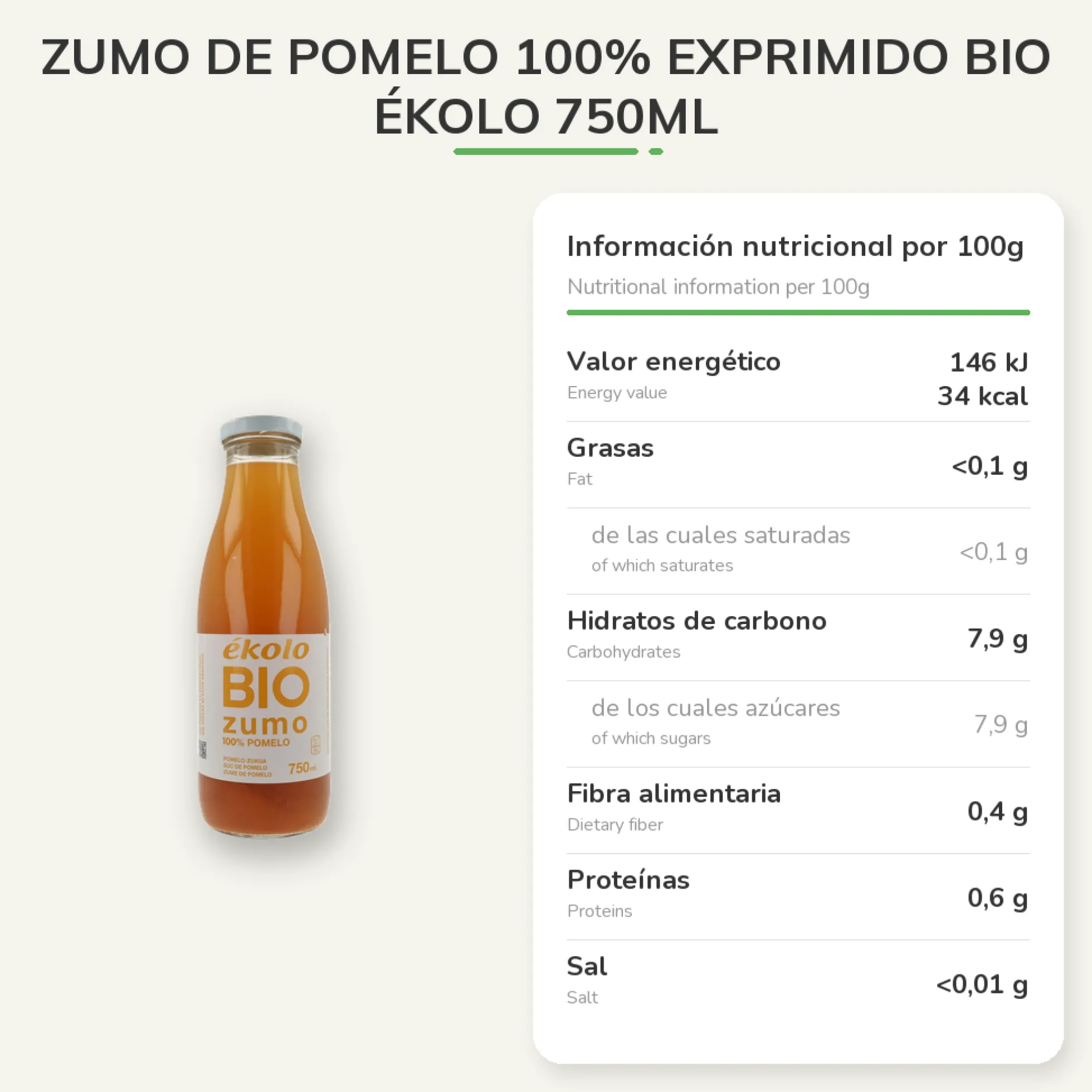 Zumo de Pomelo 100% Exprimido Bio ékolo 750ml