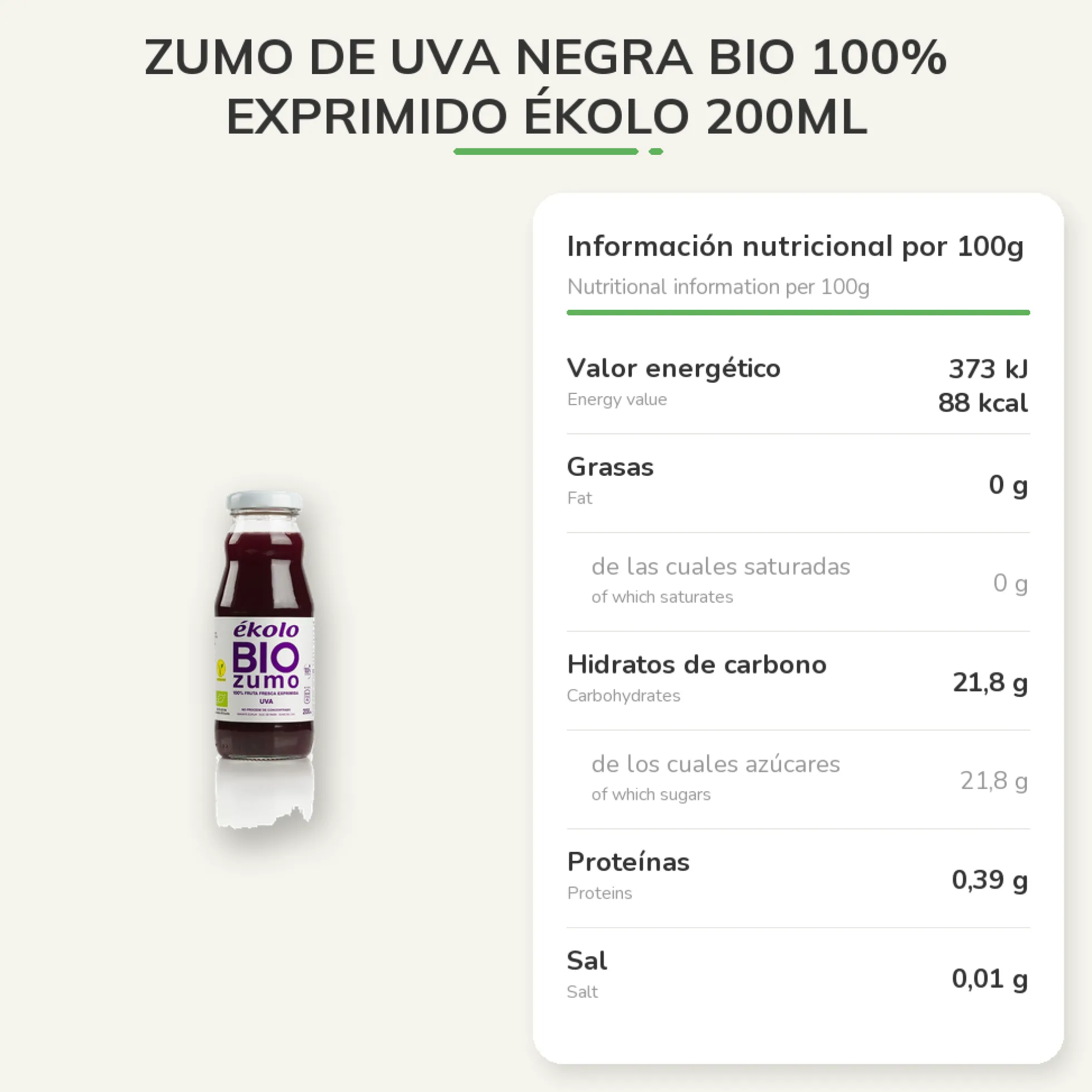Zumo de Uva Negra BIO 100% exprimido Ékolo 200ml