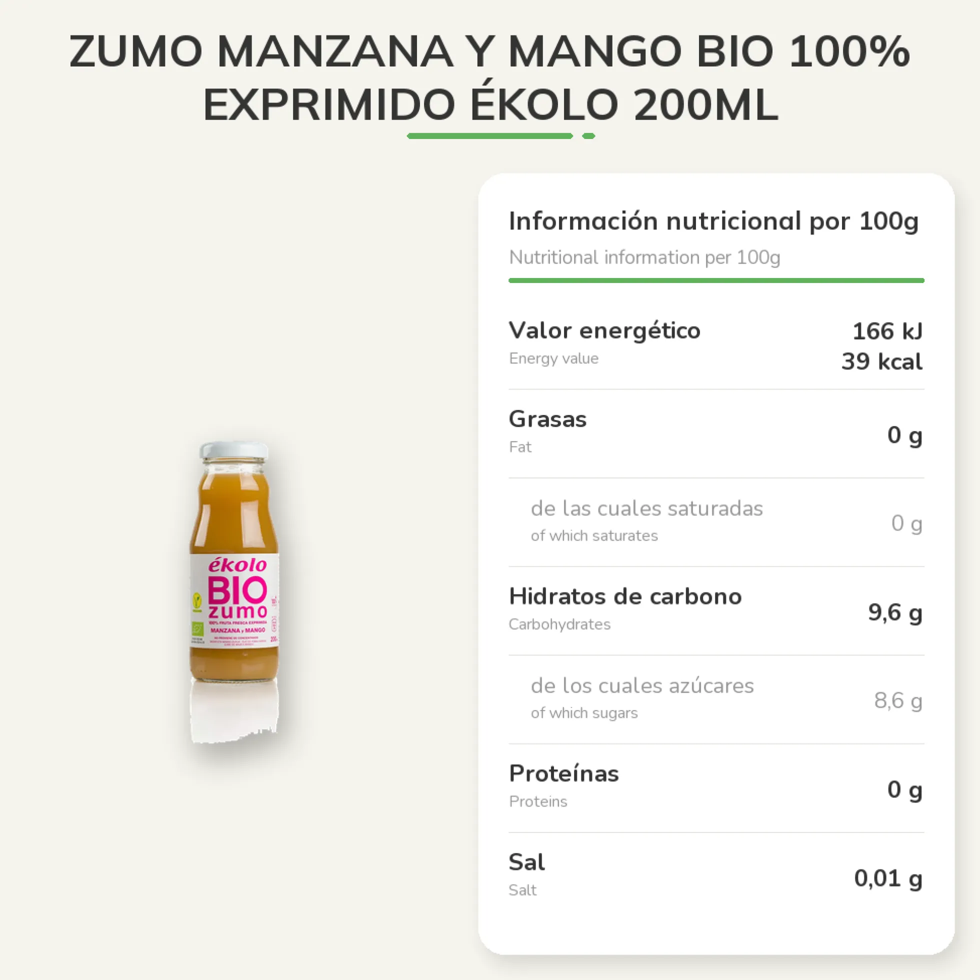 Zumo Manzana y Mango BIO 100% exprimido Ékolo 200ml